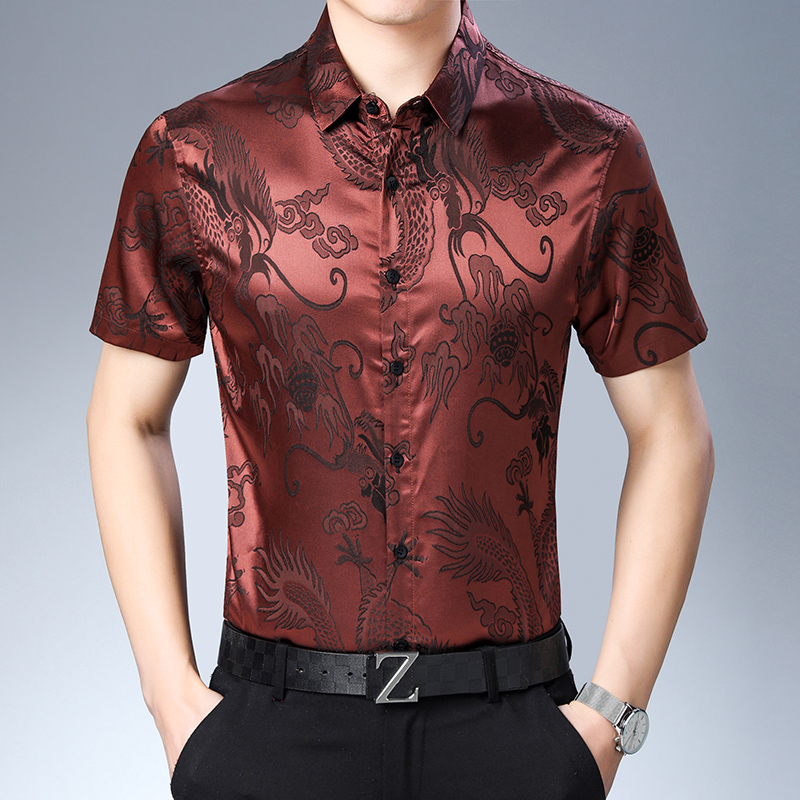 Mens Satin Silk Dress Shirt - Camisa de seda de manga curta