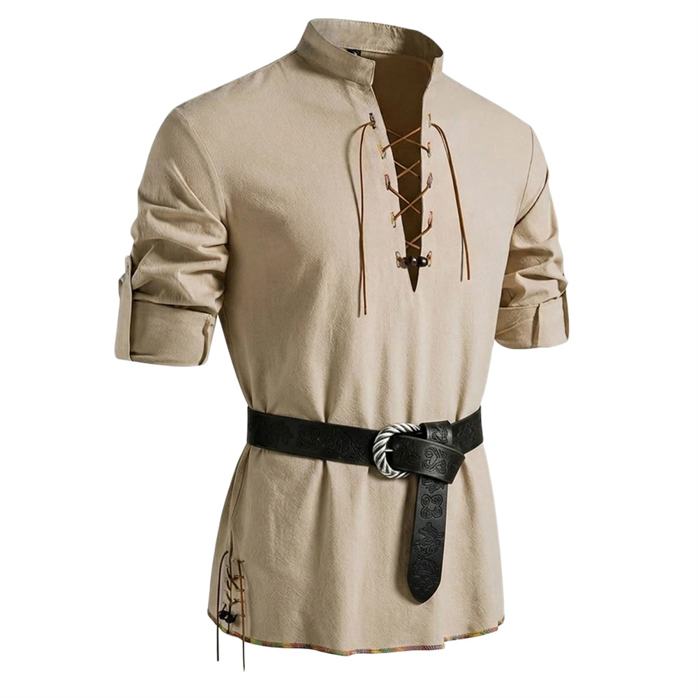 Medieval Gothic Lace Up Pirate Shirt - Camisa masculina de algodão com aparência