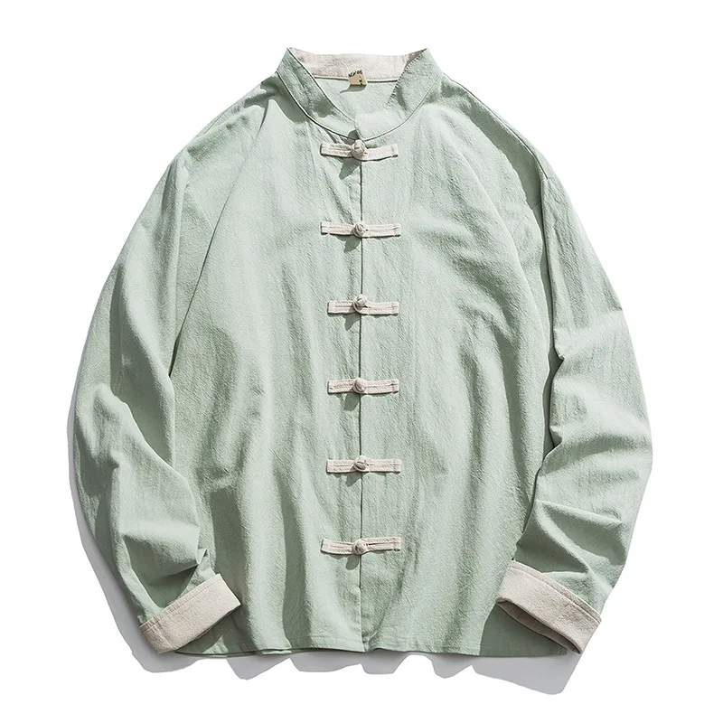 Mens Linen Shirt Long Sleeve - Jaqueta tradicional chinesa de quimono masculina