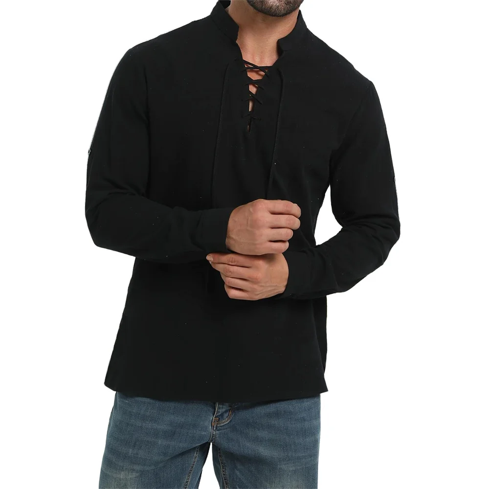 Medieval Gothic Lace Up Pirate Shirt - Primavera outono camisa pirata masculina vintage