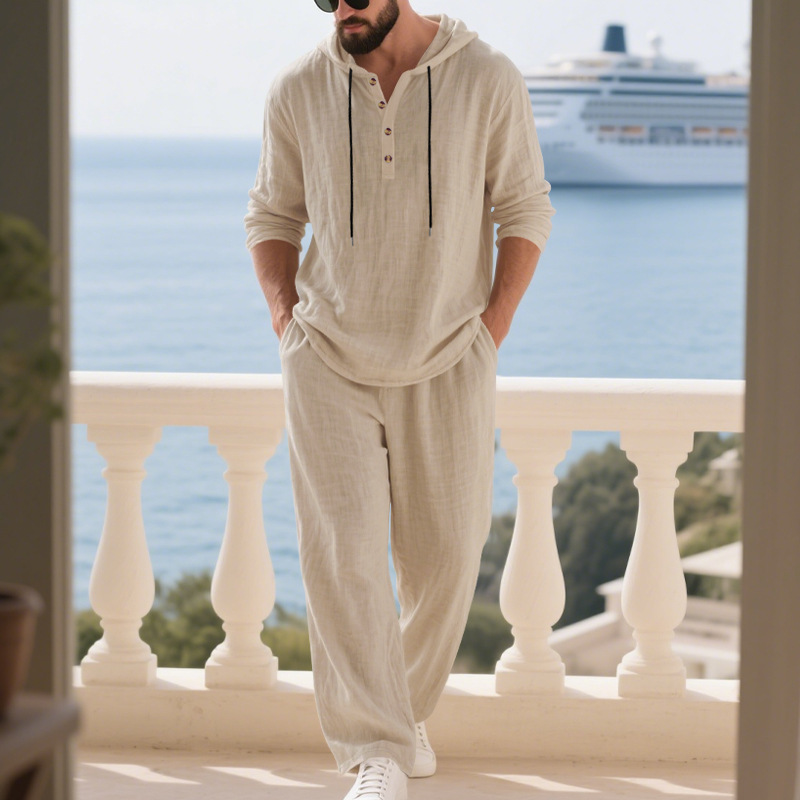 Mens Linen Shirt Long Sleeve - Conjunto Masculino Casual de Linho para
