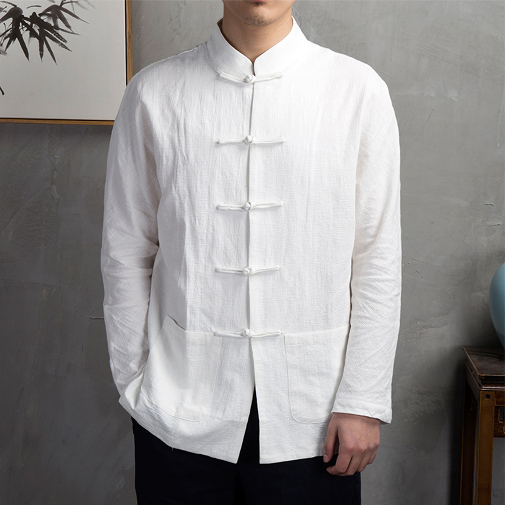 Mens Linen Shirt Long Sleeve - Roupa Tradicional Chinesa Casual Retro para