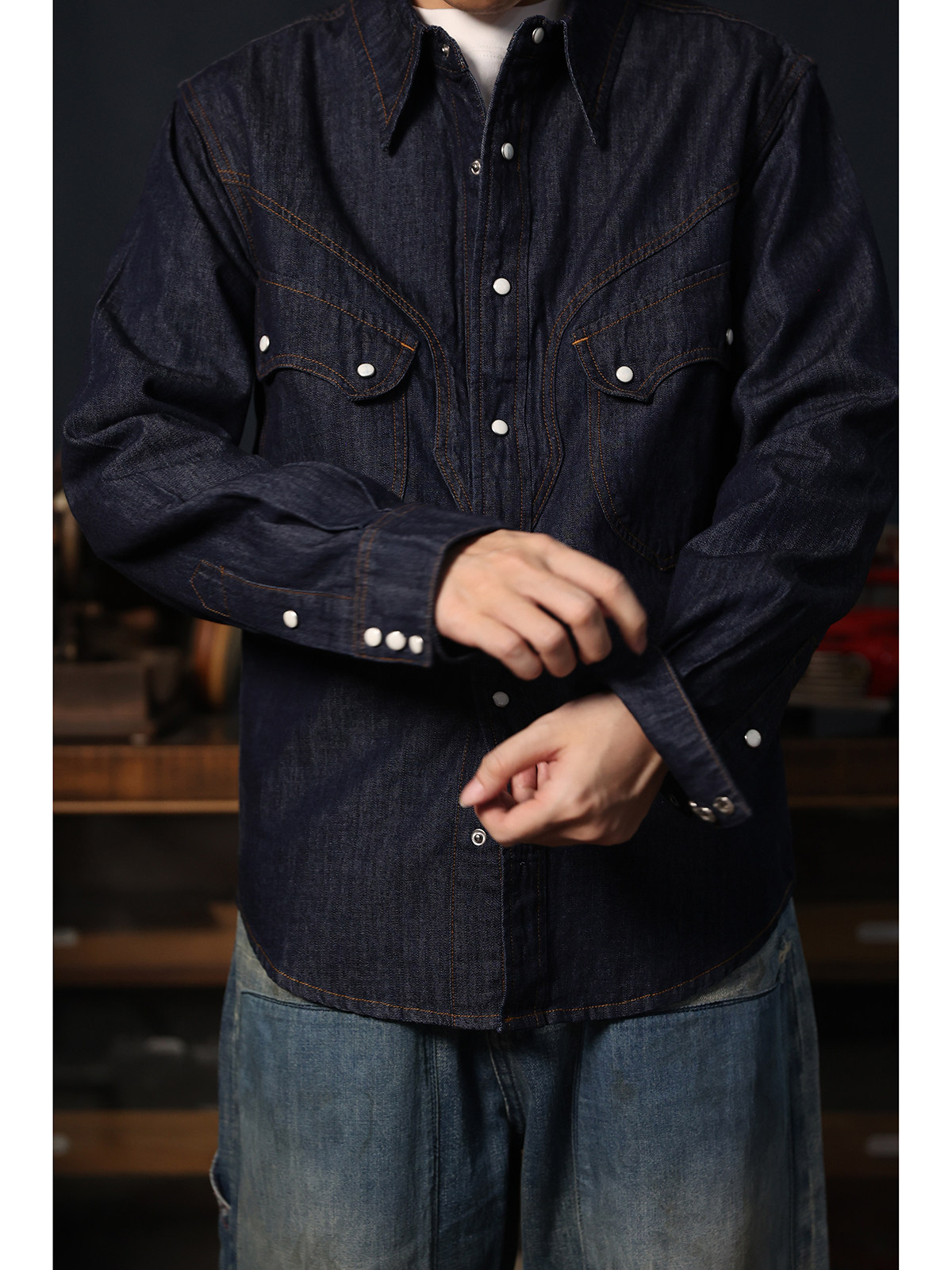 Mens Western Denim Pearl Snap Shirt - Camisa Cowboy Western Simples, Casual Americana,