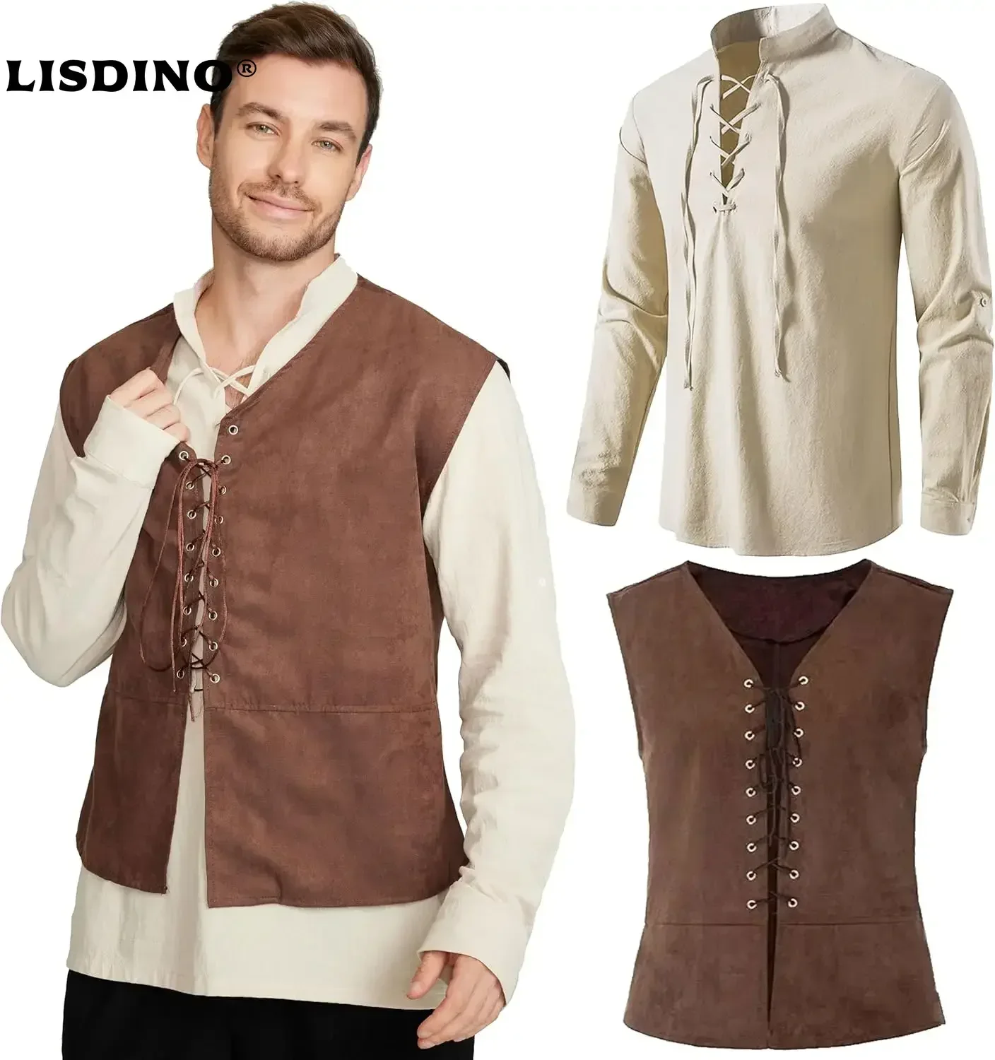 Medieval Gothic Lace Up Pirate Shirt - Conjunto de 2 peças, colete de