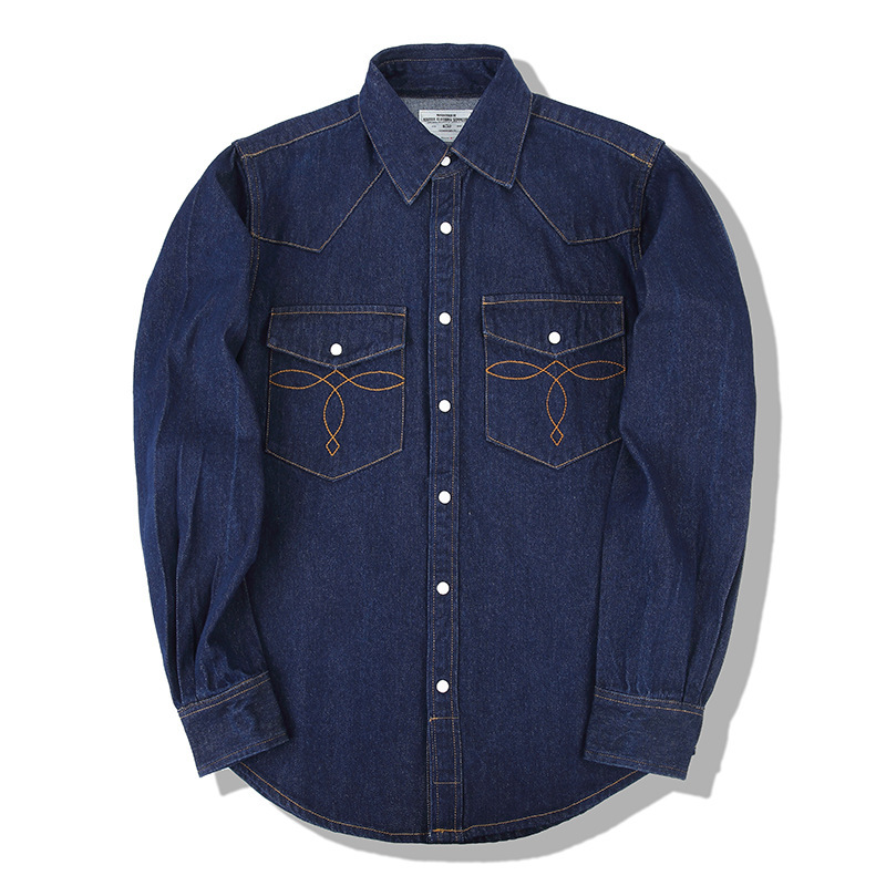 Mens Western Denim Pearl Snap Shirt - Camisas jeans vintage de lavagem americana