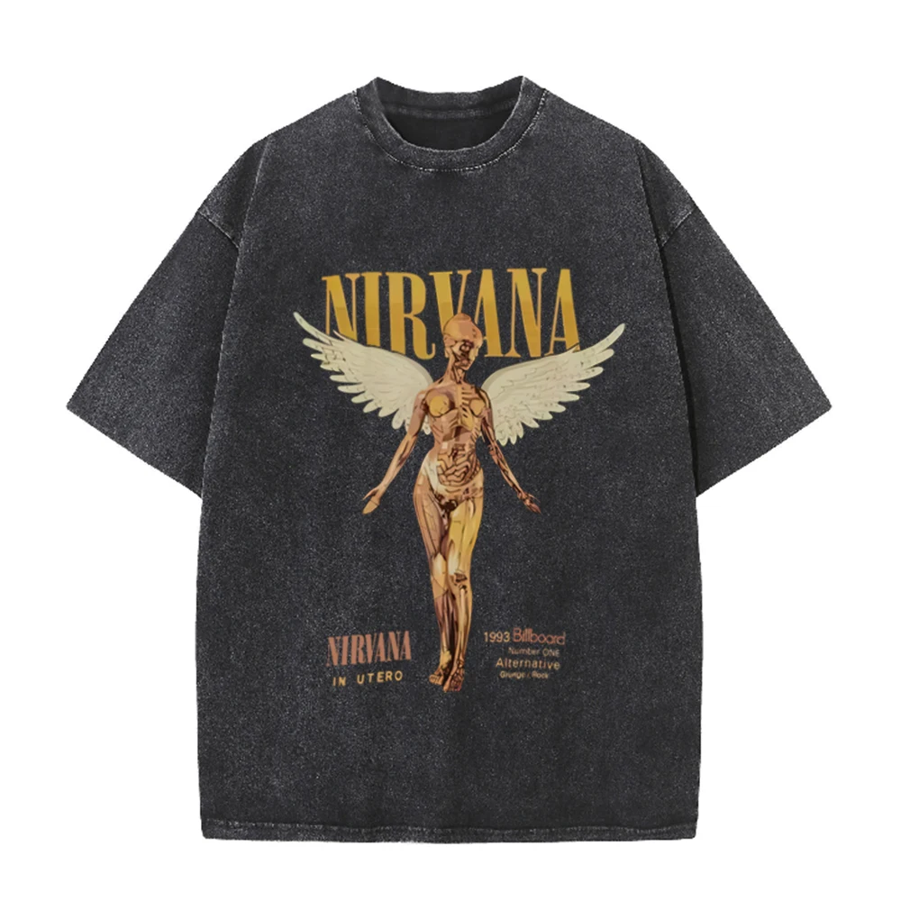 Acid Wash Vintage Graphic T Shirt - Camiseta Oversized Retro com Lavagem Ácida,