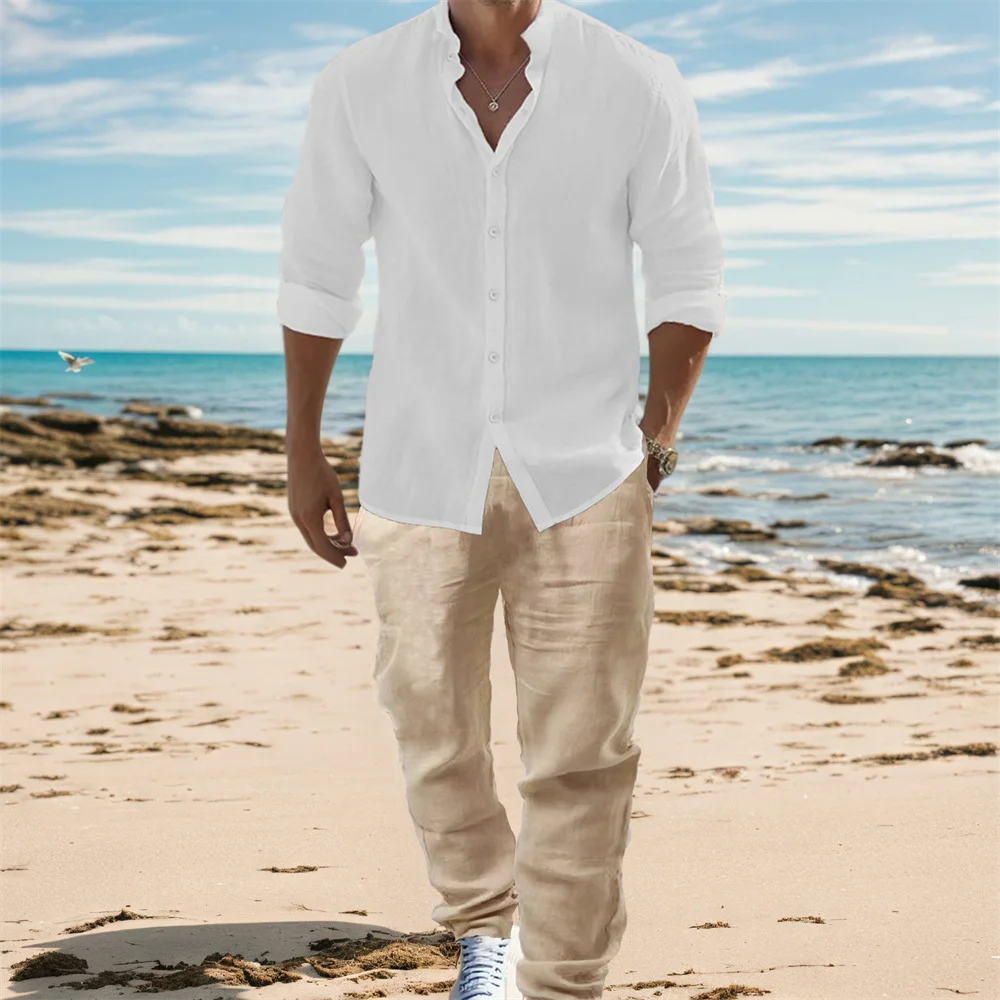 Mens Linen Shirt Long Sleeve - Conjuntos de camisas de manga longa