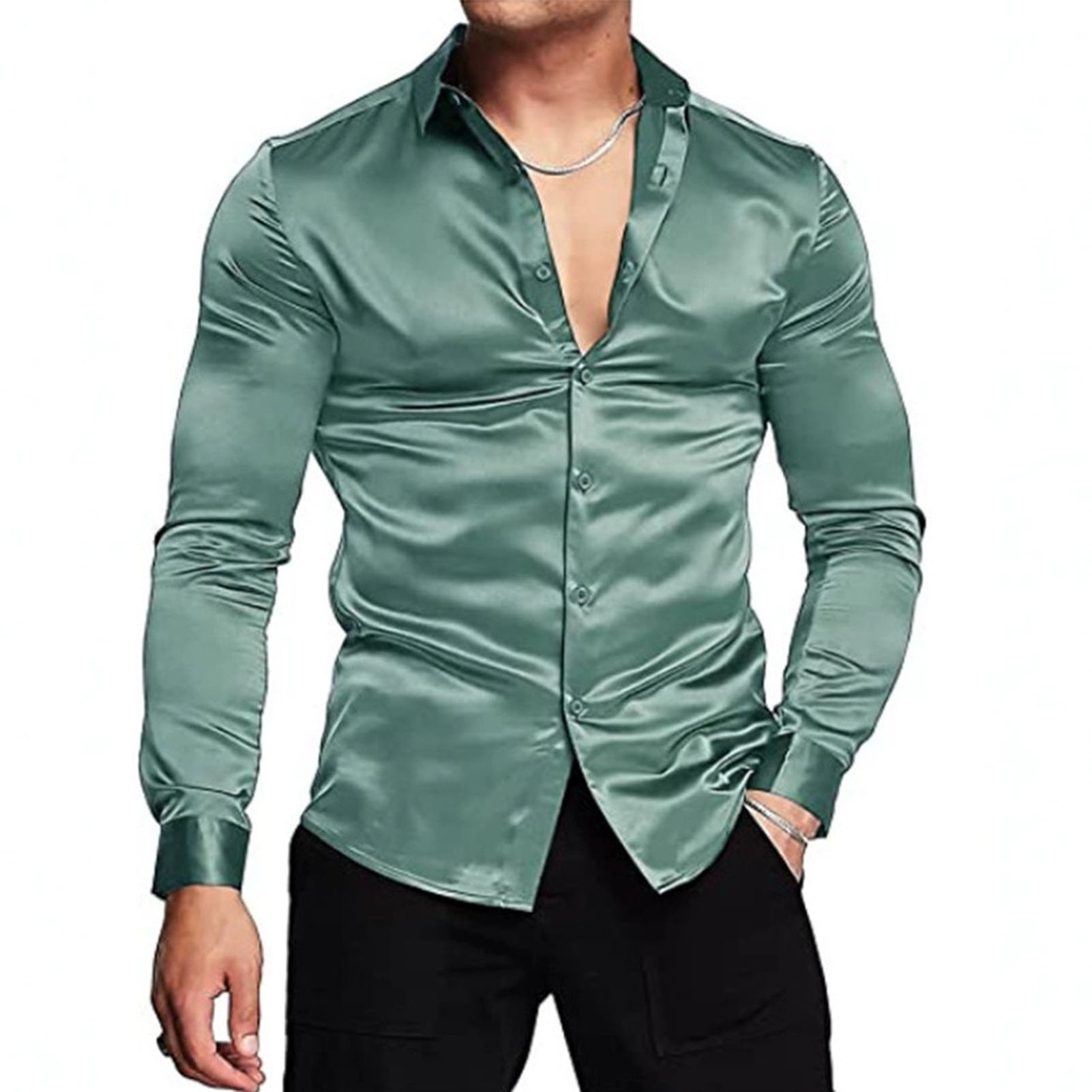 Mens Satin Silk Dress Shirt - Primavera outono camisas de cetim de