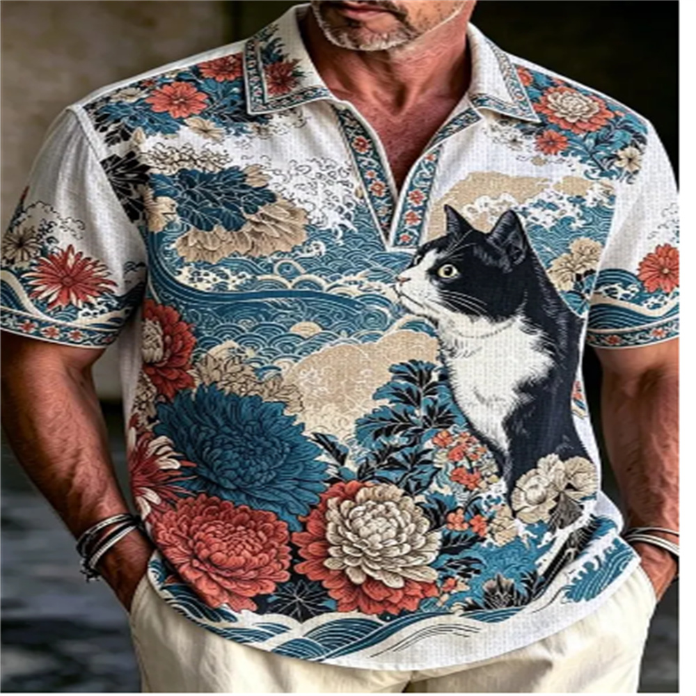 Vintage Hawaiian Floral Shirt - Camisa Polo Masculina de Manga Curta