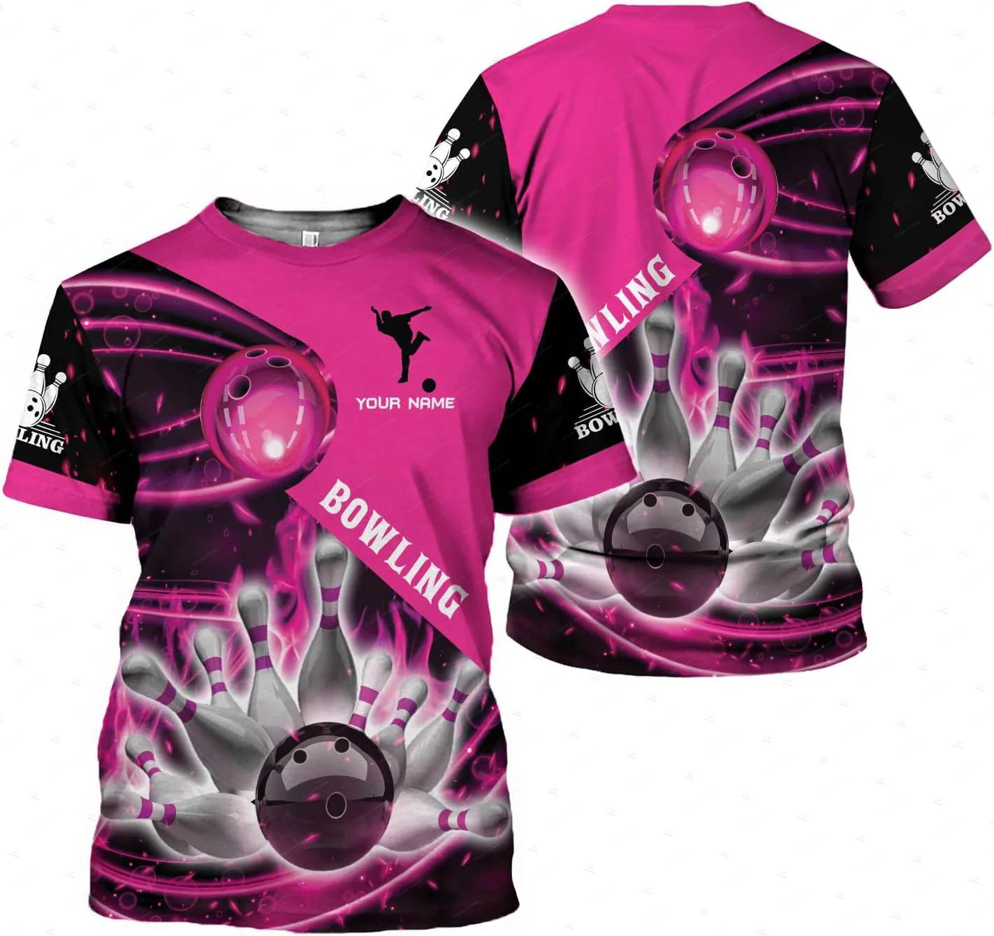 Short Sleeve Bowling Shirt Retro - Nome personalizado gradiente boliche chama graffiti