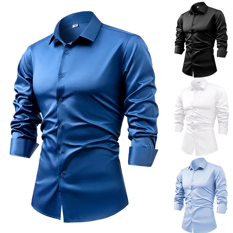 Mens Satin Silk Dress Shirt - 2025 primavera outono azul real seda