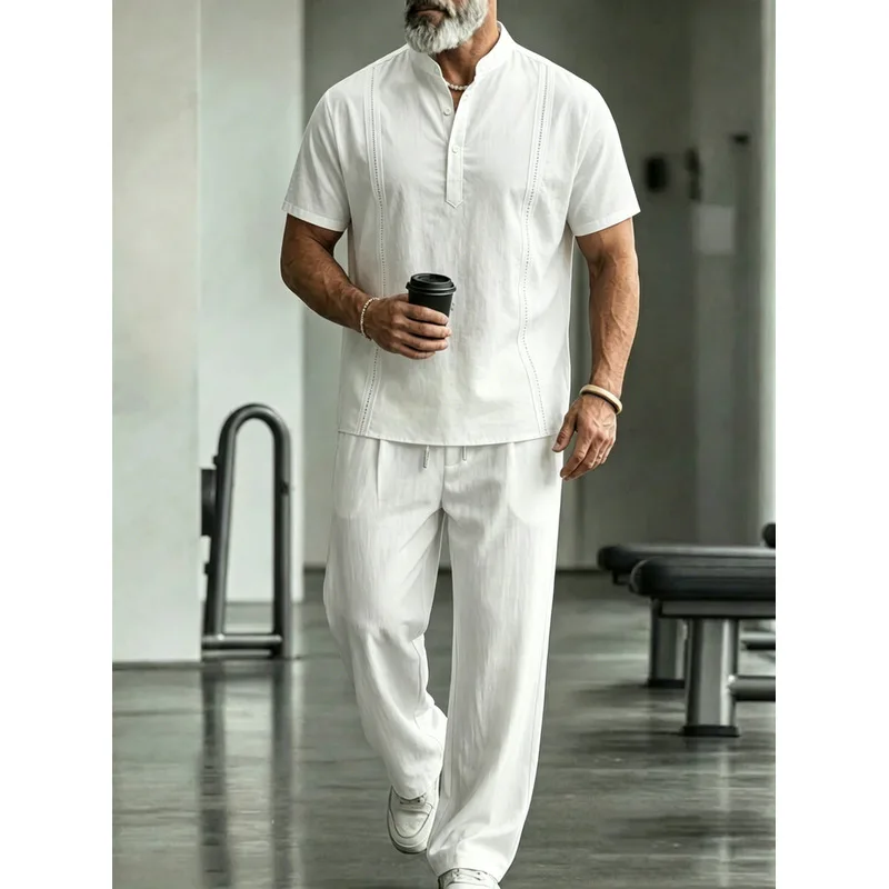 Mens Linen Shirt Long Sleeve - Conjunto Casual Masculino de Linho 2