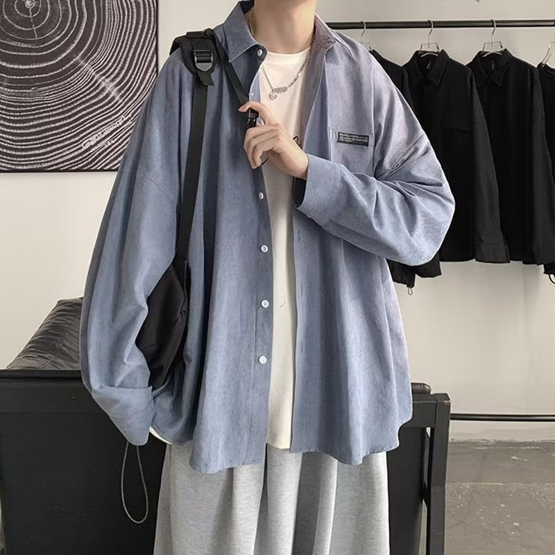 Corduroy Button Up Shirt Men - Moda coreana preto camisas de manga