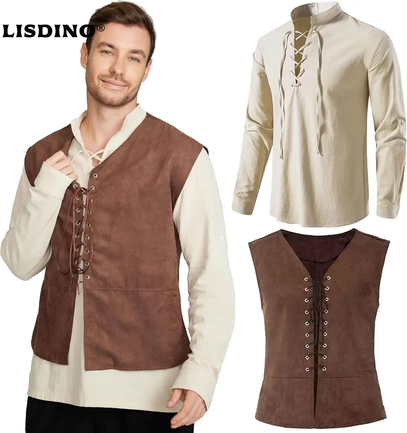 Medieval Gothic Lace Up Pirate Shirt - Conjunto de 2 peças colete pirata