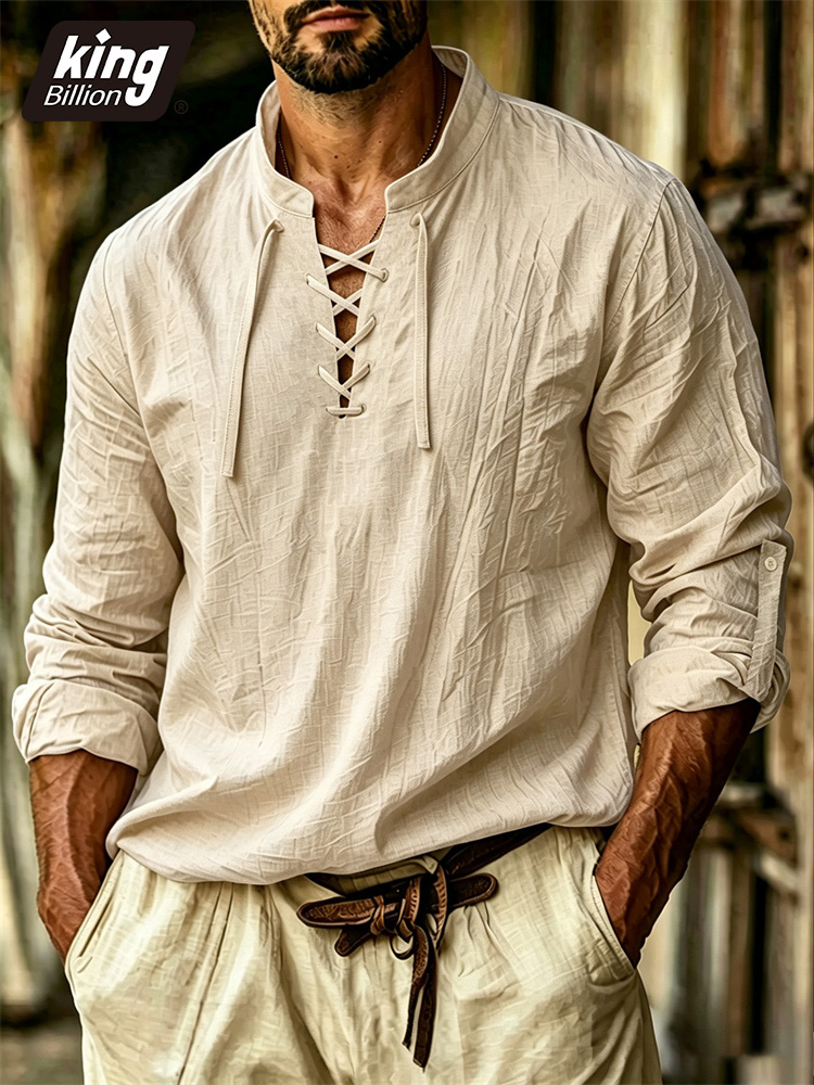 Medieval Gothic Lace Up Pirate Shirt - Camiseta Masculina com Decote em V