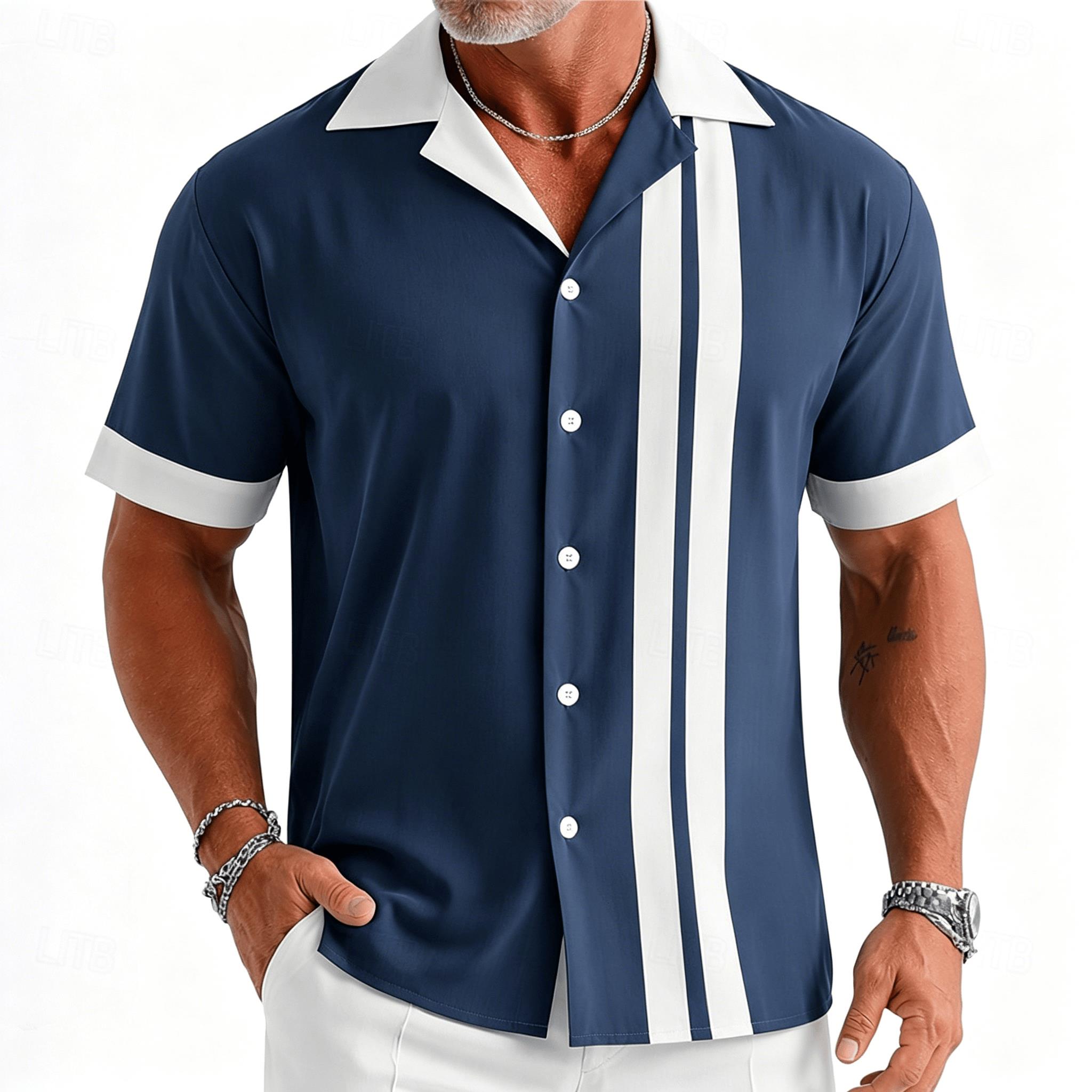 Short Sleeve Bowling Shirt Retro - Camisa masculina vintage azul marinho e