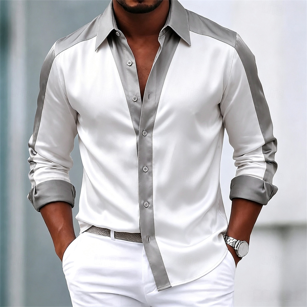 Mens Satin Silk Dress Shirt - Camisa masculina de cetim, casual, com