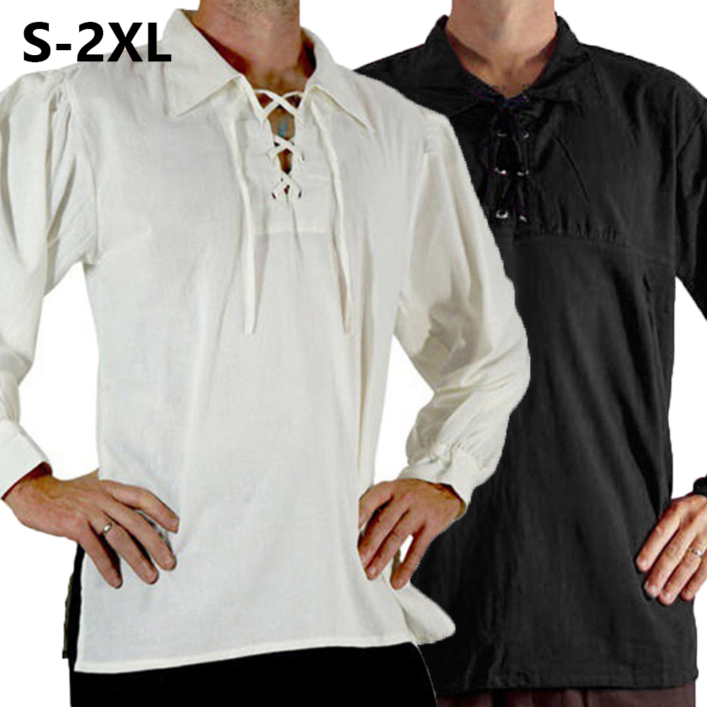 Medieval Gothic Lace Up Pirate Shirt - Homens medieval renascentista traje pirata camisa