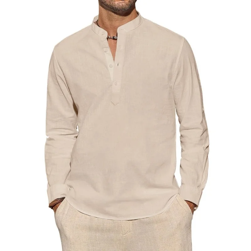 Mens Linen Shirt Long Sleeve - Camisetas masculinas de manga comprida casual