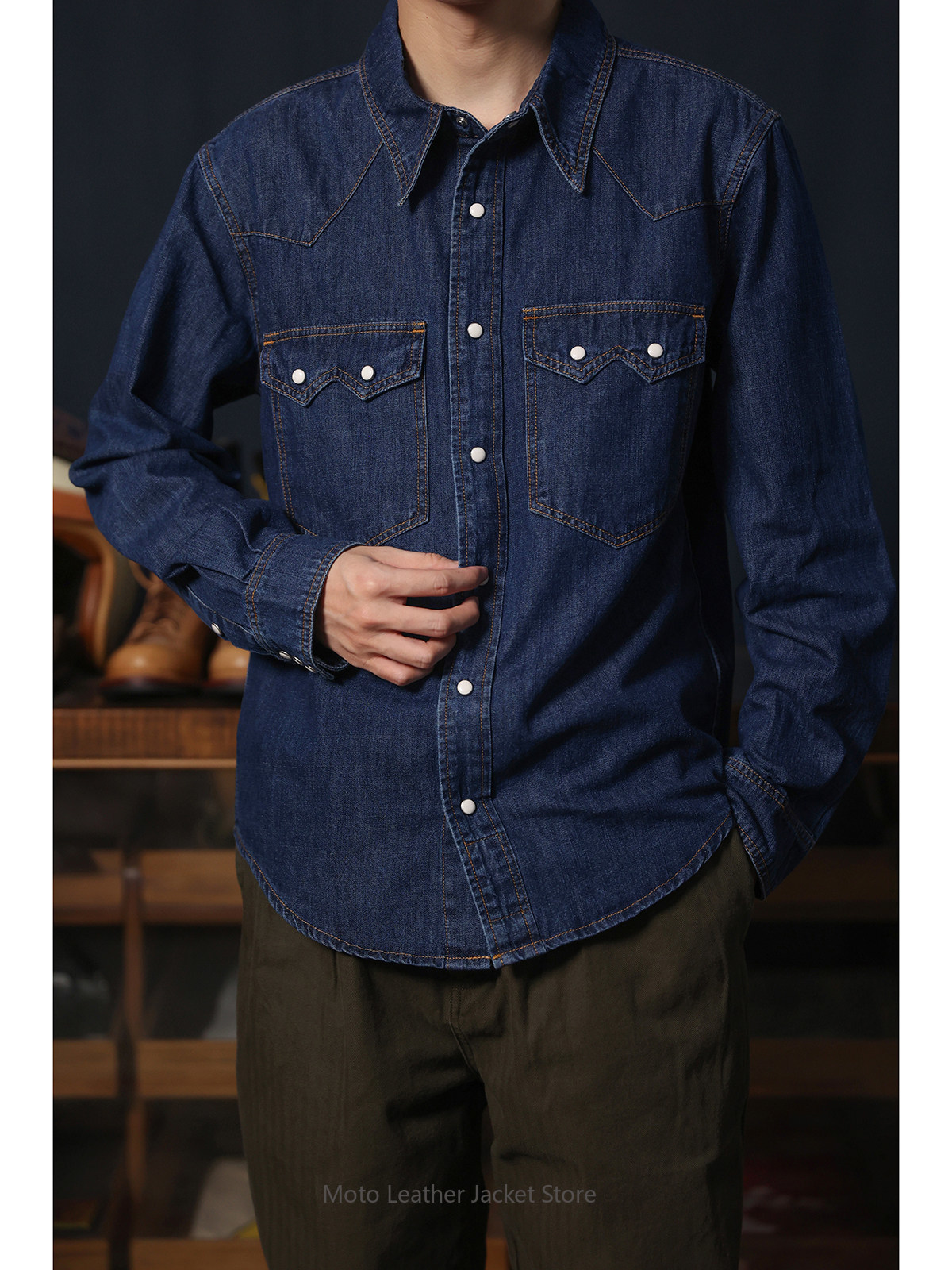 Mens Western Denim Pearl Snap Shirt - Camisa Jeans Ocidental Americana Retrô com