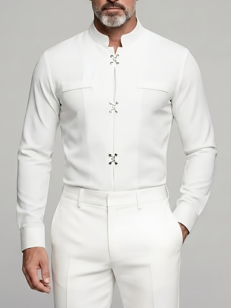 Mandarin Collar Formal Shirt Slim Fit - Camisa de Luxo Masculina com Gola