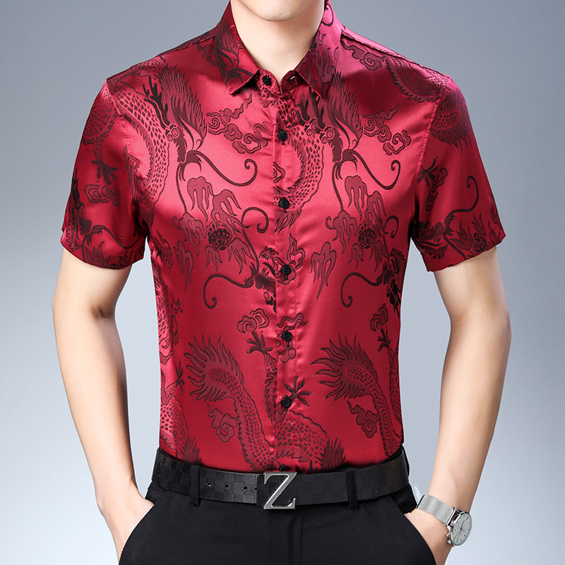 Camisa de seda de manga curta  - Mens Satin Silk Dress Shirt avaliação e preço