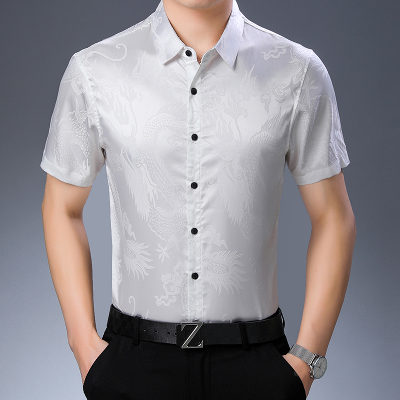 Camisa de seda de manga curta  - Mens Satin Silk Dress Shirt avaliação e preço