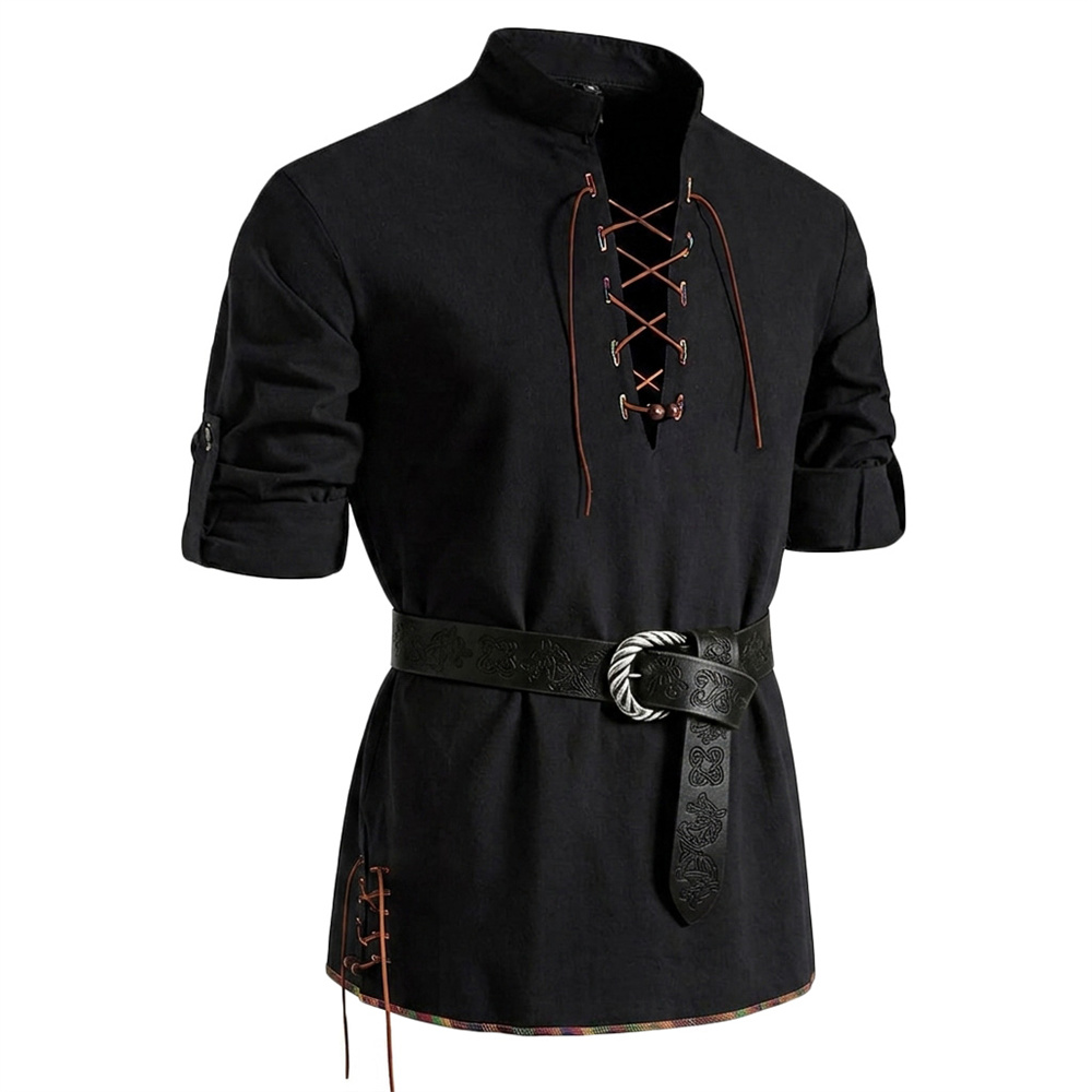 Camisa masculina de algodão co - Medieval Gothic Lace Up Pirate Shirt avaliação e preço