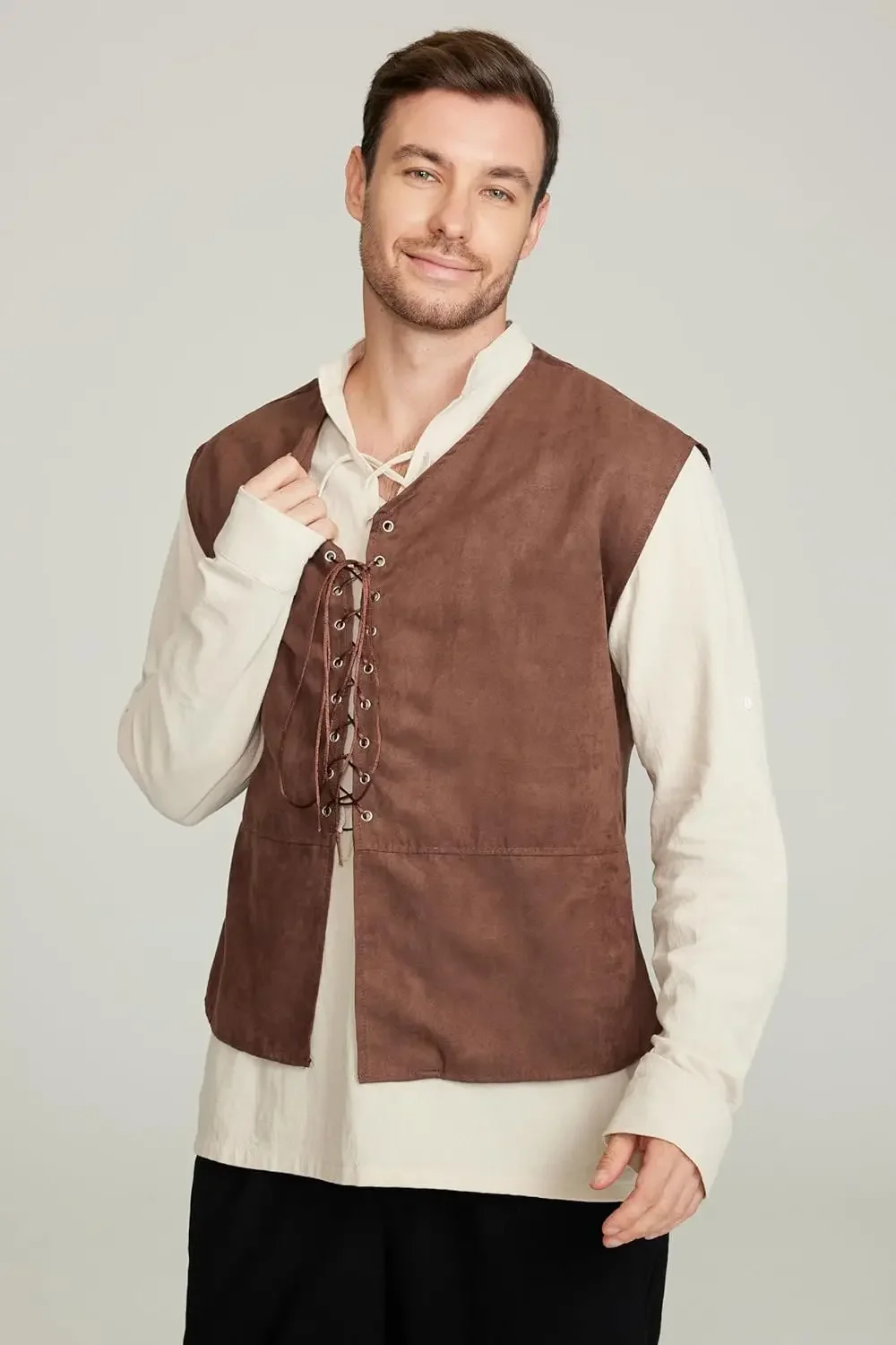 Conjunto de 2 peças, colete de - Medieval Gothic Lace Up Pirate Shirt avaliação e preço
