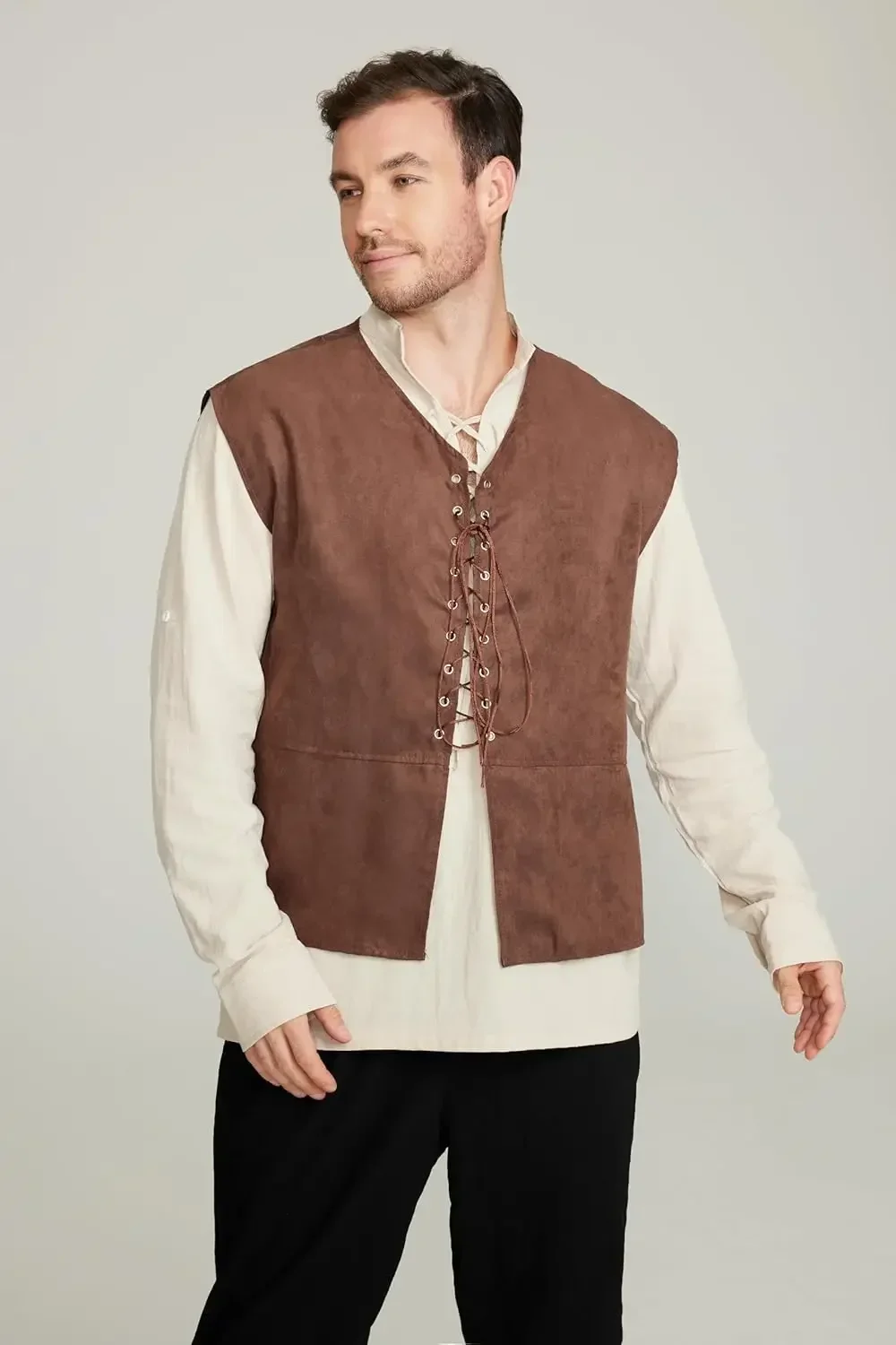 Conjunto de 2 peças, colete de - Medieval Gothic Lace Up Pirate Shirt avaliação e preço