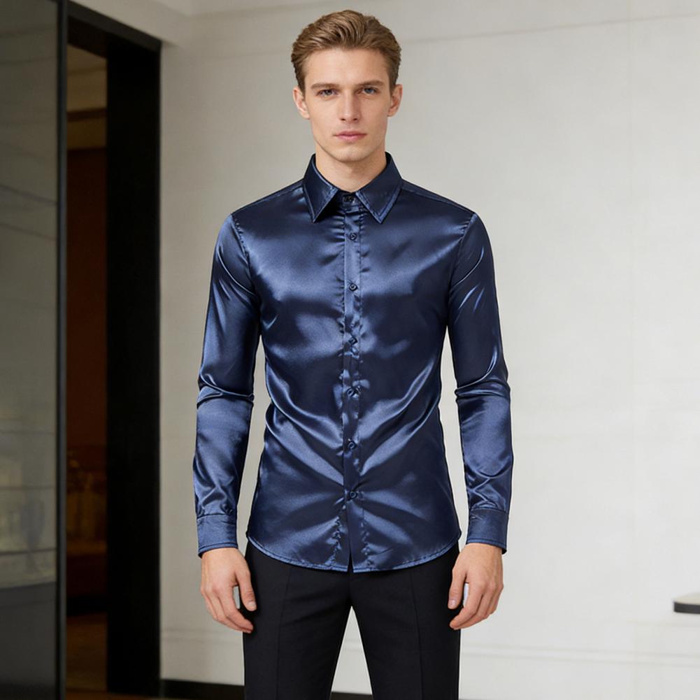 Camisa de Seda Satinada Azul,  - Mens Satin Silk Dress Shirt avaliação e preço