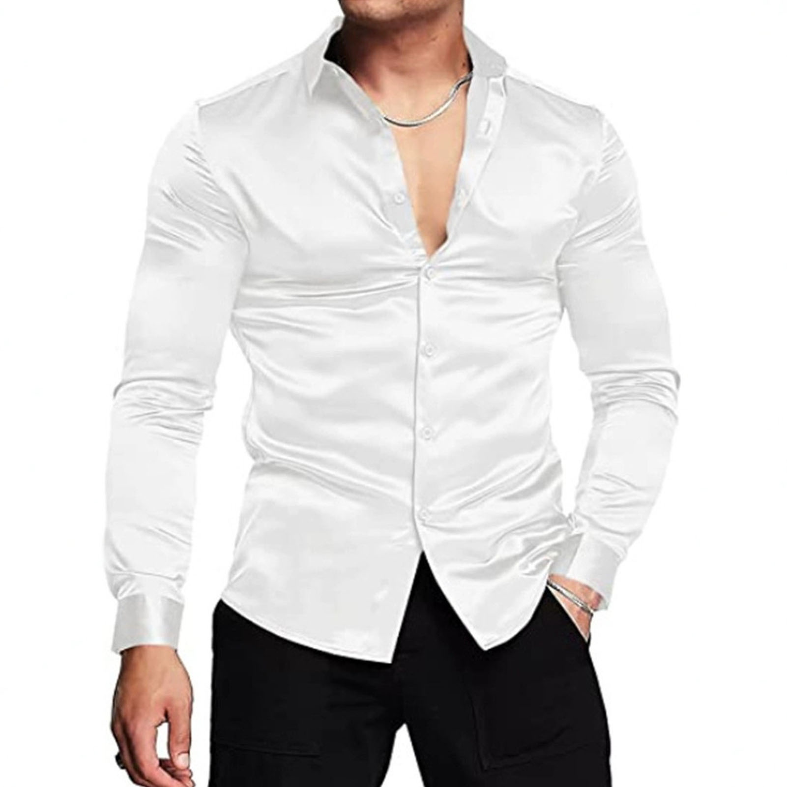 Primavera outono camisas de ce - Mens Satin Silk Dress Shirt avaliação e preço