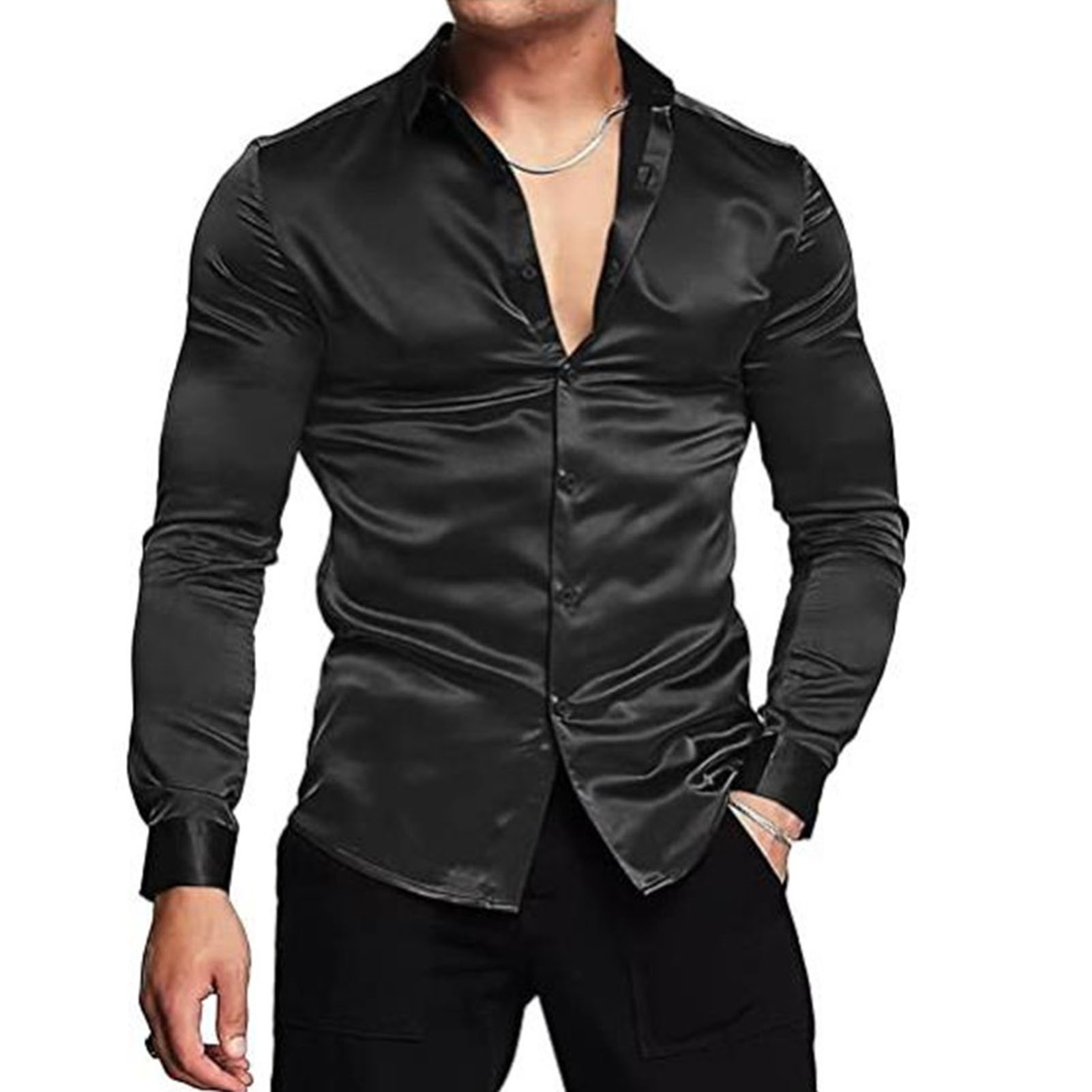 Primavera outono camisas de ce - Mens Satin Silk Dress Shirt avaliação e preço