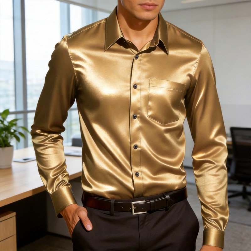Camisa Social Masculina de Sed - Mens Satin Silk Dress Shirt avaliação e preço