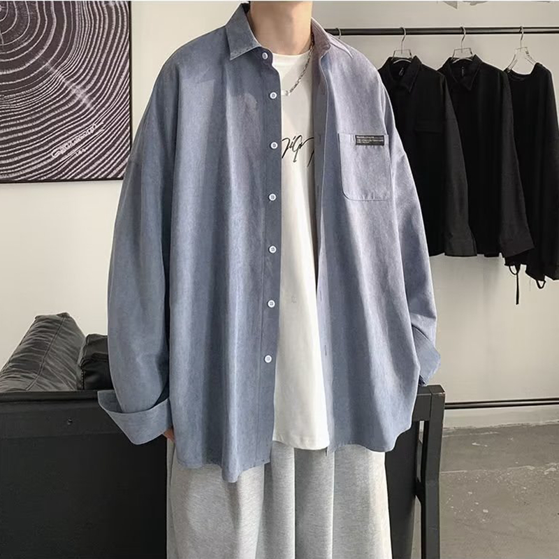 Moda coreana preto camisas de  - Corduroy Button Up Shirt Men avaliação e preço