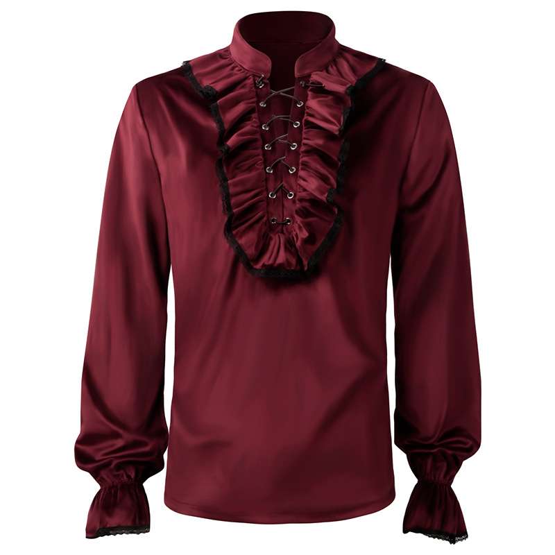 Vermelho rendas até babados la - Medieval Gothic Lace Up Pirate Shirt avaliação e preço