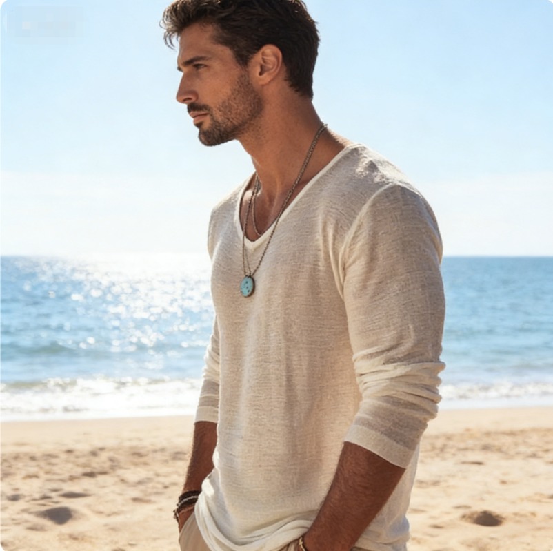Camiseta Masculina Casual de L - Mens Linen Shirt Long Sleeve avaliação e preço