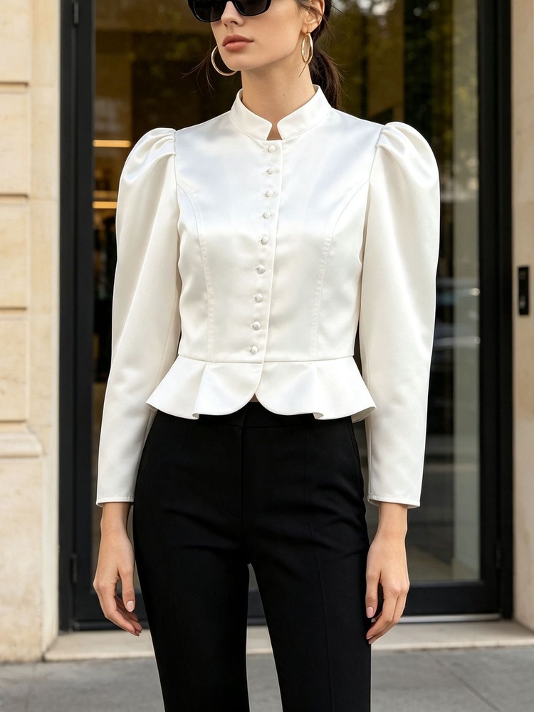 Blusa Peplum de Manga Longa co - Mandarin Collar Formal Shirt Slim Fit avaliação e preço