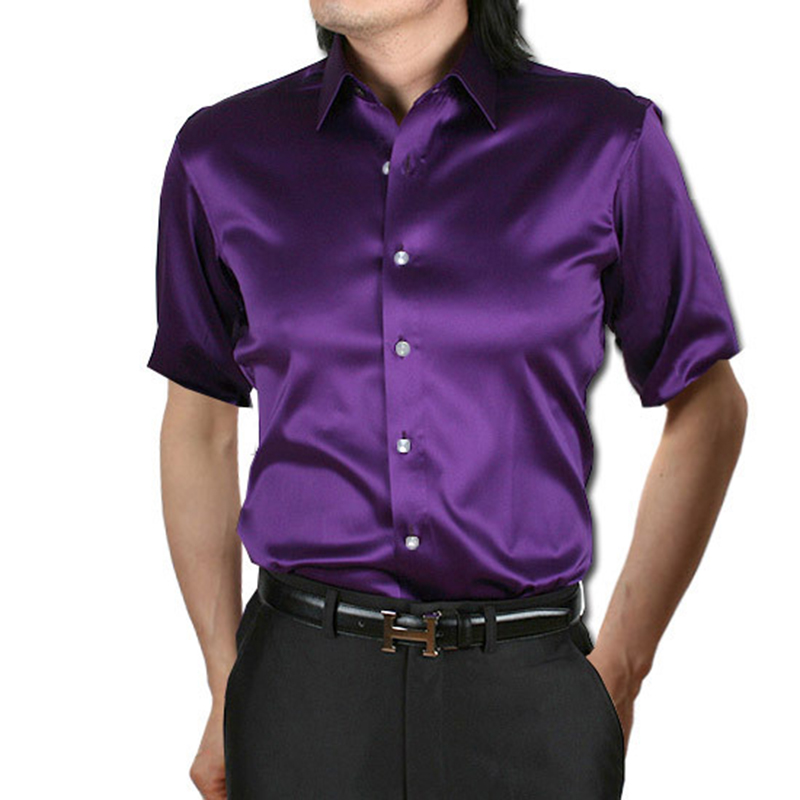 Camisa de seda cetim manga cur - Mens Satin Silk Dress Shirt avaliação e preço