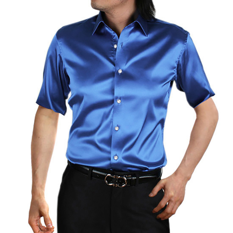 Camisa de seda cetim manga cur - Mens Satin Silk Dress Shirt avaliação e preço