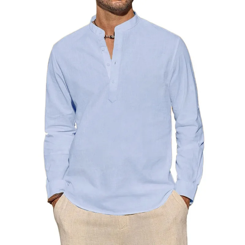 Camisetas masculinas de manga  - Mens Linen Shirt Long Sleeve avaliação e preço
