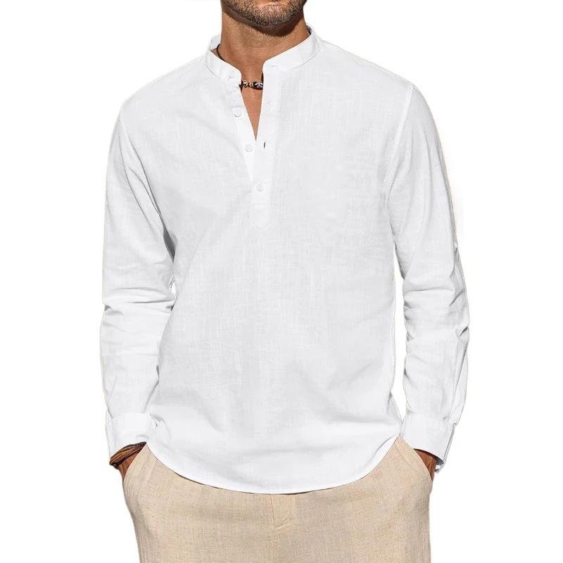 Camisetas masculinas de manga  - Mens Linen Shirt Long Sleeve avaliação e preço