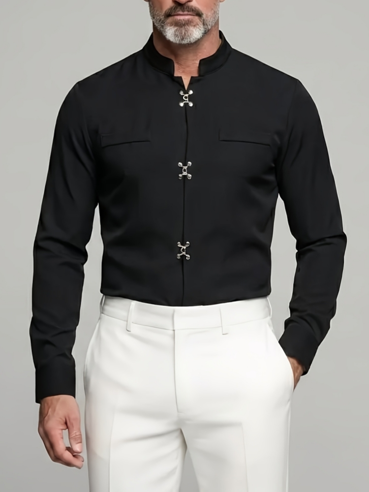 Camisa de Luxo Masculina com G - Mandarin Collar Formal Shirt Slim Fit avaliação e preço