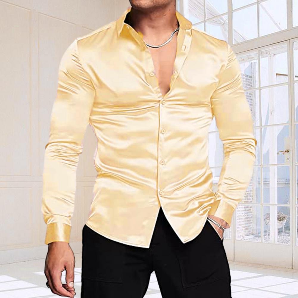 Camisa Masculina Elegante de C - Mens Satin Silk Dress Shirt avaliação e preço