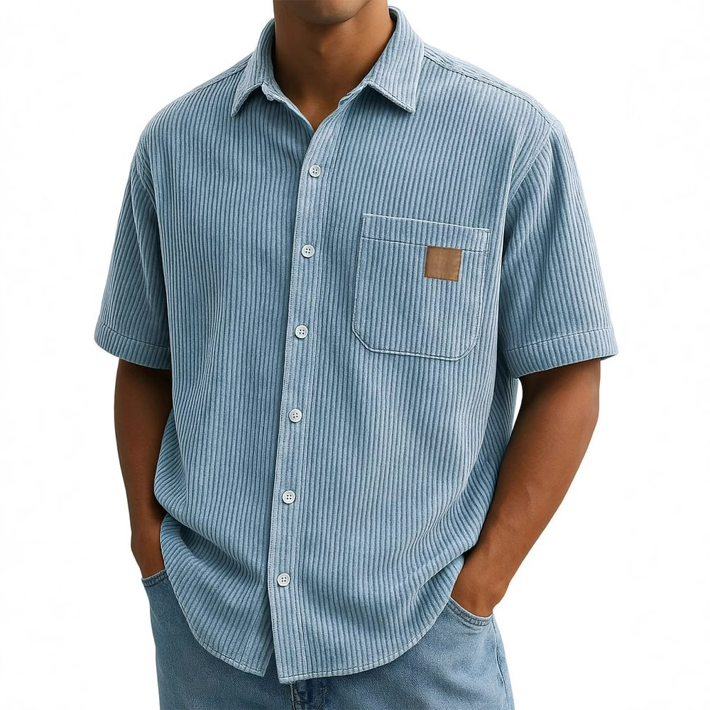 Camisa masculina de manga curt - Corduroy Button Up Shirt Men avaliação e preço